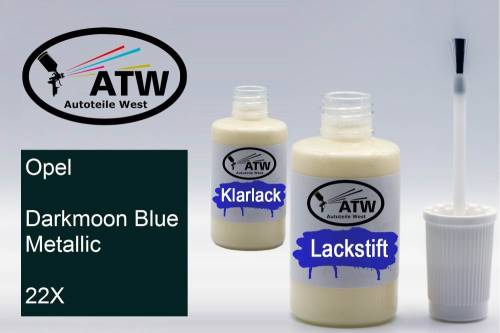 Opel, Darkmoon Blue Metallic, 22X: 20ml Lackstift + 20ml Klarlack - Set, von ATW Autoteile West.